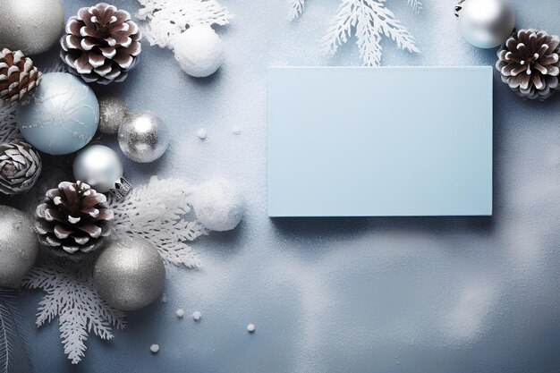 Foto blaue karte und weihnachtsbox mit kiefernkegel und anderen