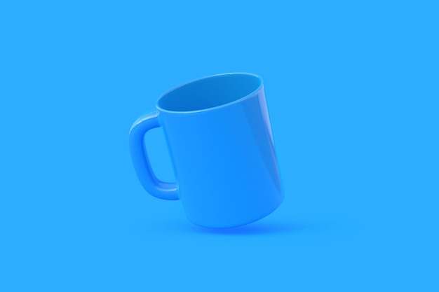 Blaue Keramiktasse oder leerer Becher für Kaffeegetränk oder Tee auf blauem Hintergrund Minimales Konzept 3D-Rendering