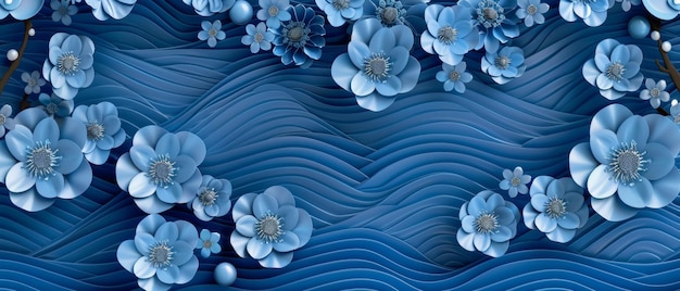 Blaue Kirschblüte Blumenikone und Wellenmuster Hintergrund mit japanischem Blumenmuster modern
