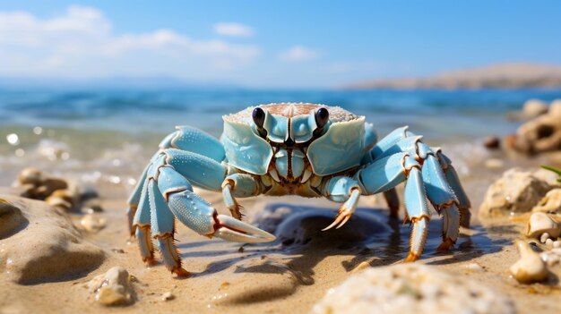 Blaue Krabbe am Strand des warmen Meeres, eine Werbeidee für die Ökologie des Meeres