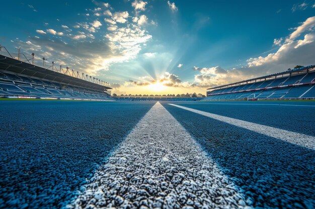 Foto blaue laufbahn in einem großen leeren stadion mit weißer linie, die die spuren unter einem blauen himmel mit weißen wolken und hellen sonne markiert