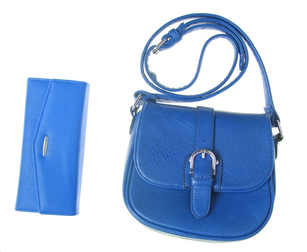 Blaue Ledertasche und Brieftasche isoliert