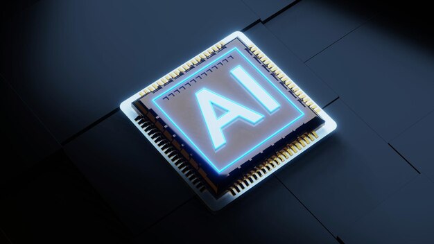 Blaue Leuchtreklame auf modernem Chip-3D-Renderbild des Computers