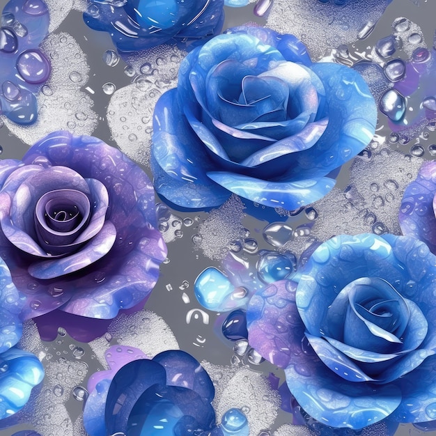 Blaue lila Rosenblüten glitzern auf weißem Hintergrund. Nahtloser Hintergrund. Generative KI