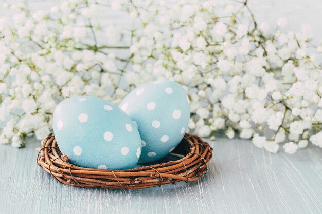 Blaue Ostereier und Gypsophila-Blumen. Ostern Hintergrund