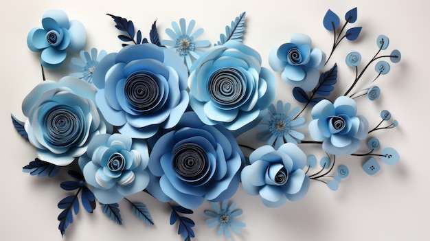 blaue Papierblumen auf einer weißen Wand