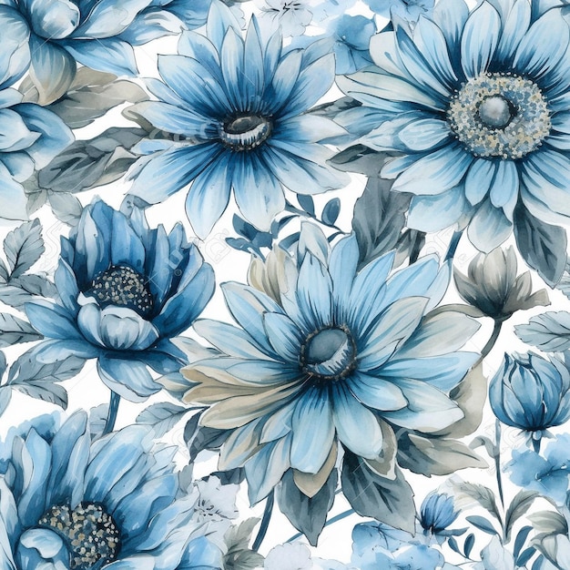 Blaue pastellfarbene Aquarellblumen, nahtloses Muster, erstellt mit generativer KI