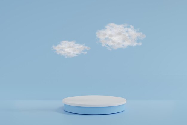 Blaue pastellfarbene Zylinderpodestanzeige auf blauem Hintergrund mit weicher Wolken-3D-Darstellung