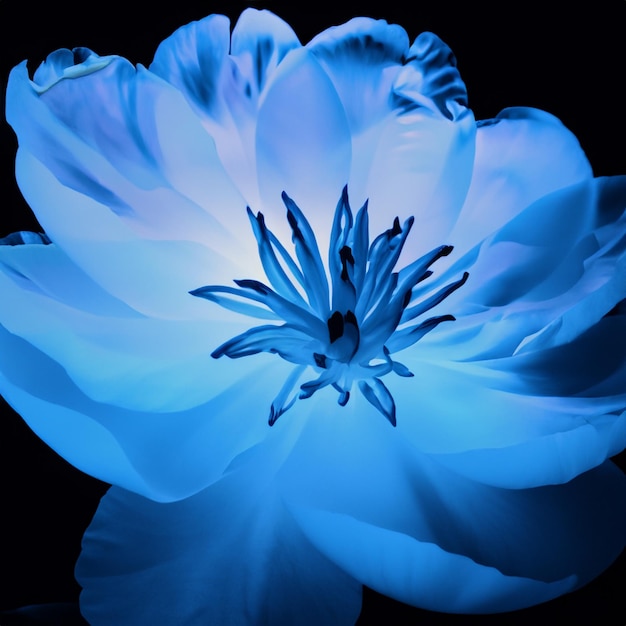 Foto blaue pfieunenblüte mit gelben stämmen auf einem isolierten schwarzen hintergrund mit schnittweg