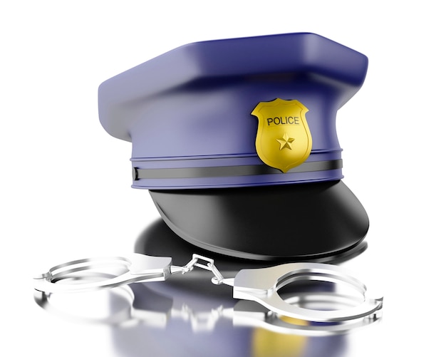 Blaue Polizistkappe des Polizisten 3d mit Handschellen.