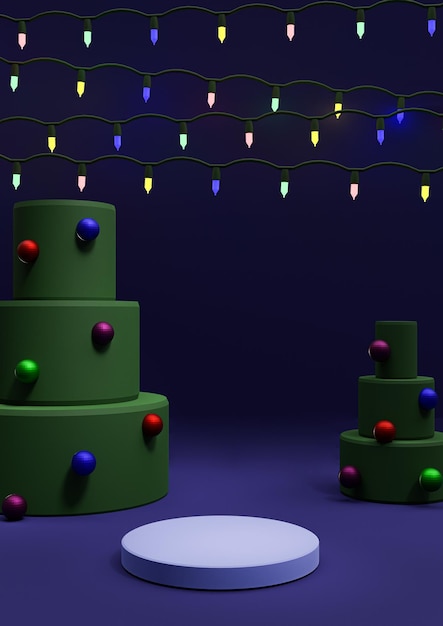 blaue Produktanzeige Bunte Lichter des neuen Jahres und stilisierter geometrischer Weihnachtsbaumpodeststand