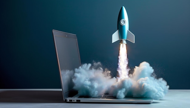 Blaue Rakete, die von einem Laptop auf einem Desktop-Startup-Konzept gestartet wurde