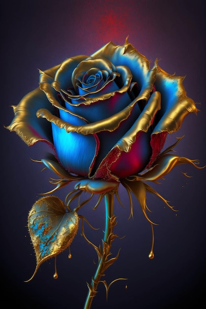 Blaue Rose mit goldenen Blättern auf violettem Hintergrund, generative KI