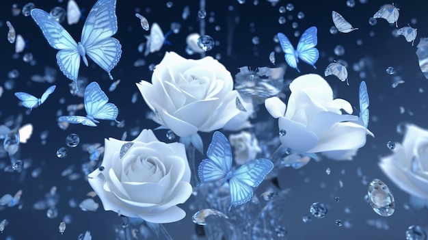 Blaue Rose und weiße Rosen mit leuchtenden Schmetterlingen auf positivem Energiehintergrund Ein wunderschönes 3D-Rendering-Hintergrundbild