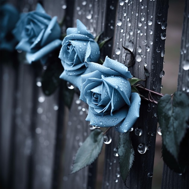 Blaue Rosen auf dem Zaun tropfen tropfendes Regenwasser