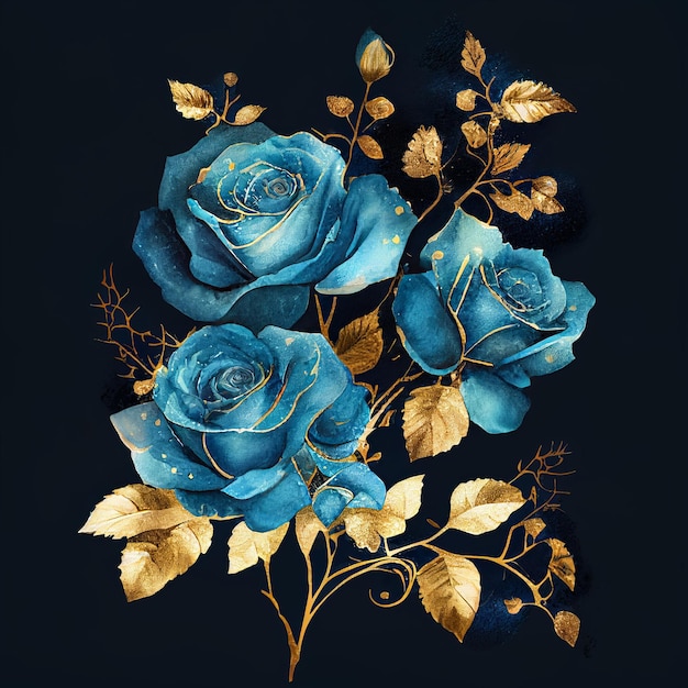 Blaue Rosen mit goldenen Blättern Generative KI