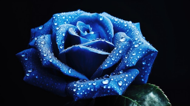 Blaue Rosen mit Wassertropfen auf schwarzem Hintergrund