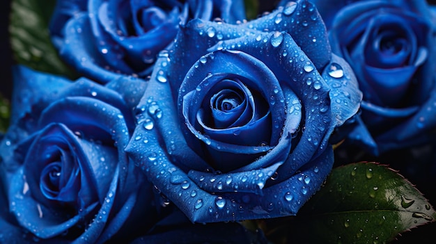 Blaue Rosenblüten mit Tropfenhintergrund Nahaufnahme der Blüte mit glitzernden Tröpfchen Generative KI