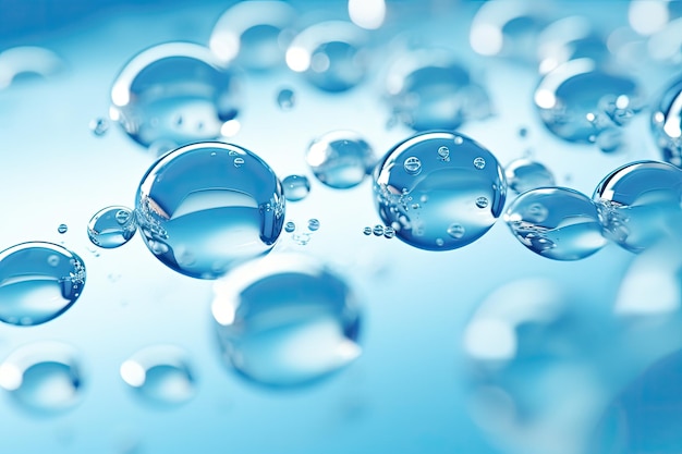 Blaue, runde, schwebende Blasen, die Hyaluronsäure ähneln und in wasser- oder geltransparenter Flüssigkeit Shal vorkommen