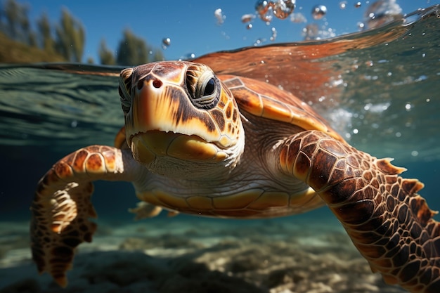 Foto blaue schildkröte unter dem blauen wasser des meeres