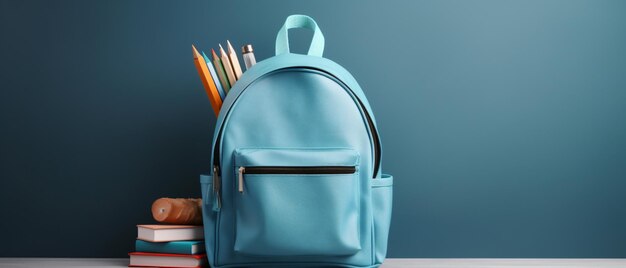 Blaue Schultasche mit Büchern und Schule