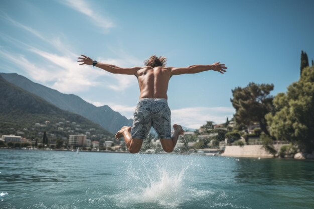 Blaue Shorts Daredevil trotzt der Schwerkraft hypnotisierend Rücken-Flip-Stunt über Wasser