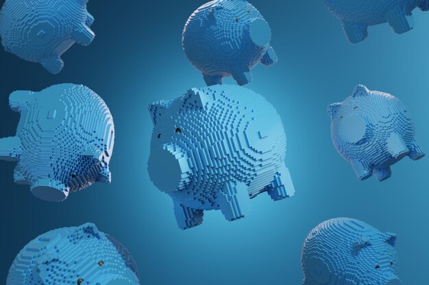 Blaue Sparschweine mit Würfeln 3D-Darstellung