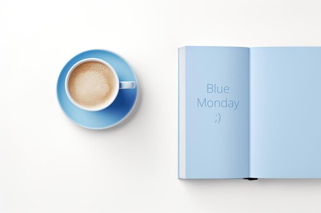 Blaue Tasse Kaffee und Notizbuch mit Aufgabenliste