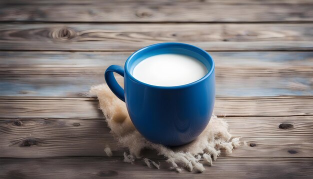 Blaue Tasse Milch auf hölzernem Hintergrund