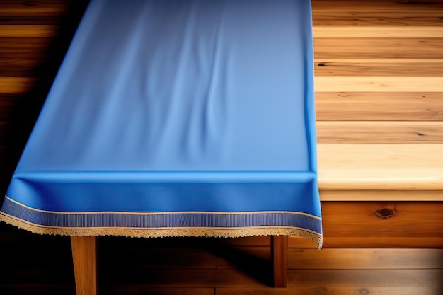 Blaue Tischdecke auf Holztisch von oben