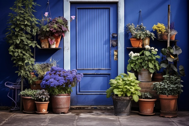 Blaue Tür mit Topfblumen geschmückt