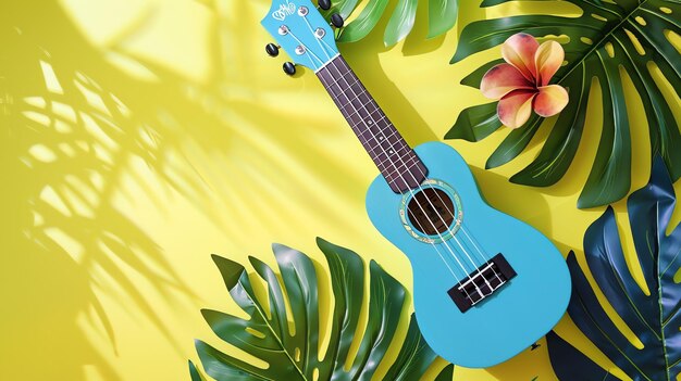 Foto blaue ukulele auf gelbem hintergrund mit grünen blättern und orangefarbener blüte