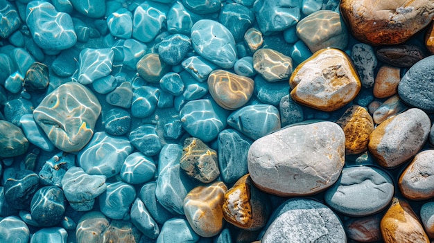 Blaue und braune Kieselsteine in kristallklarem Wasser abstrakter Hintergrund