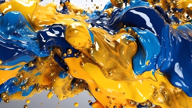 Blaue und gelbe Farbspritzer auf weißem Hintergrund.