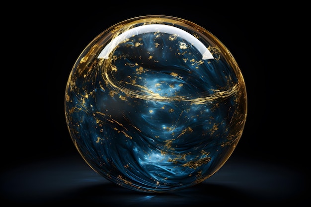 Blaue und goldene abstrakte Kugel im Weltraum Leuchtender Planet auf schwarzem Hintergrund 3D-Rendering