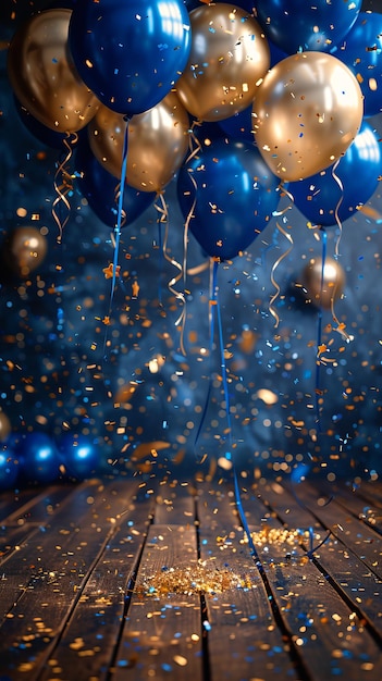 Blaue und goldene Ballons schwimmen auf einem Holzboden