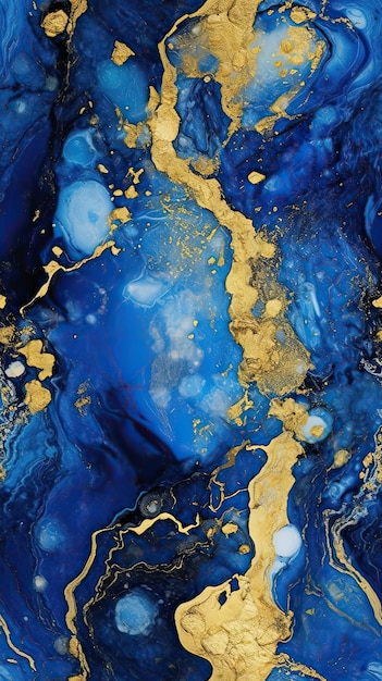 Blaue und goldene Malerei mit Blattgold.