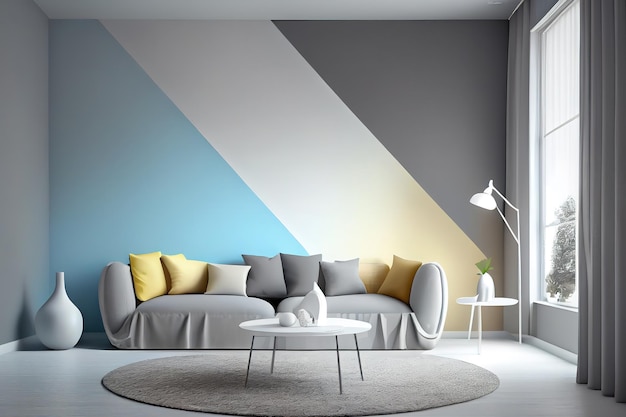 Blaue und graue Wand im Wohnzimmer zweifarbiges Design3D-Rendering Generative Ai