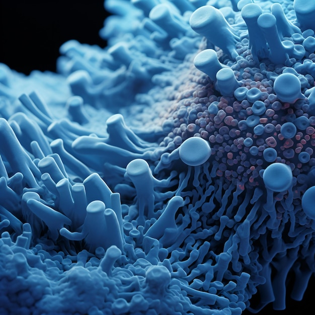 Blaue und lila abstrakte 3D-Rendering einer mikroskopischen Struktur