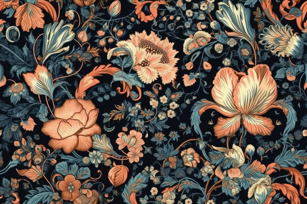 Blaue und orange Blumentapete mit komplizierten Blumen Generative AI