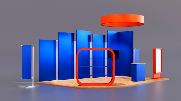Blaue und orange Farbe Fair Trade Messestand Display Kiosk Design 3D-Rendering