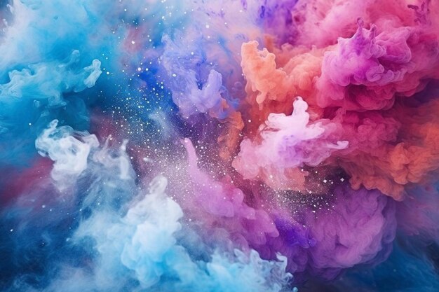 blaue und rosa farbenfrohe Wolken von Rauch und glänzenden Glitzerpulverpartikeln platzen abstrakter Hintergrund