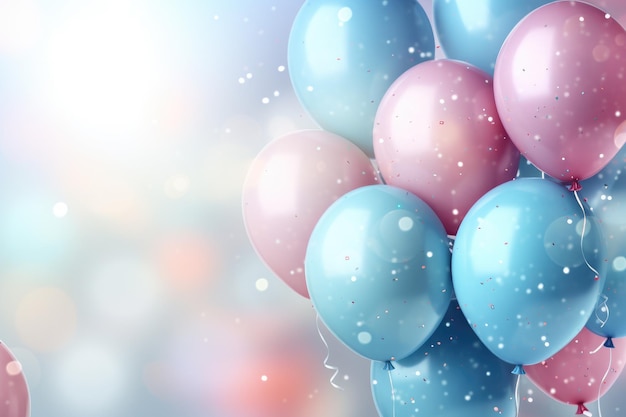 Blaue und rosa Luftballons mit Schneeflocken auf Bokeh-Hintergrund. Feierlicher Hintergrund mit rosa und blauen Luftballons, Konfetti, funkelnde Lichter, KI-generiert