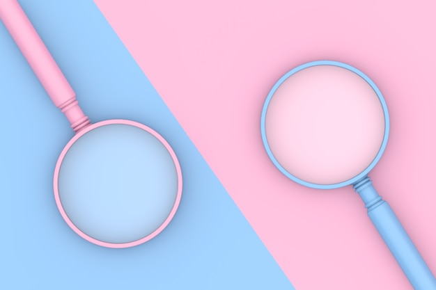 Blaue und rosa Lupe im Duotone-Stil auf blauem und rosa Hintergrund. 3D-Rendering