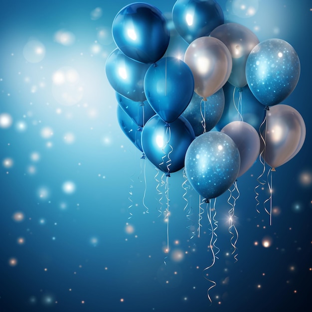 Blaue und silberne Ballons mit Bändern auf blauem Hintergrund