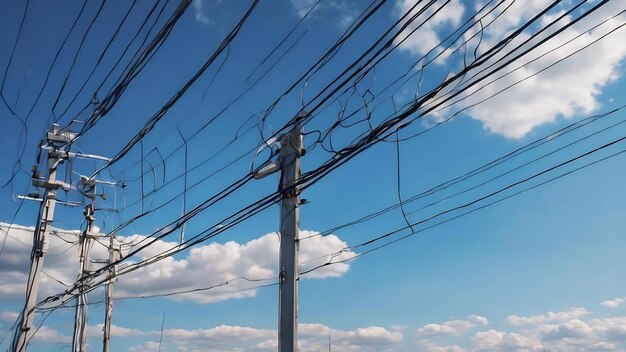 Blaue und weiße Drähte gegen einen blauen Himmel