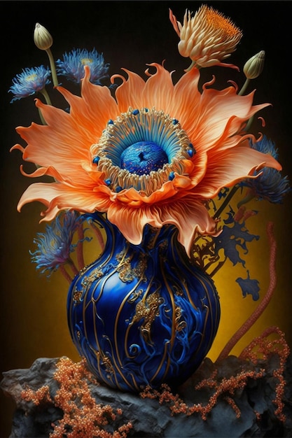 Blaue Vase gefüllt mit generativen Blumen in Orange und Blau