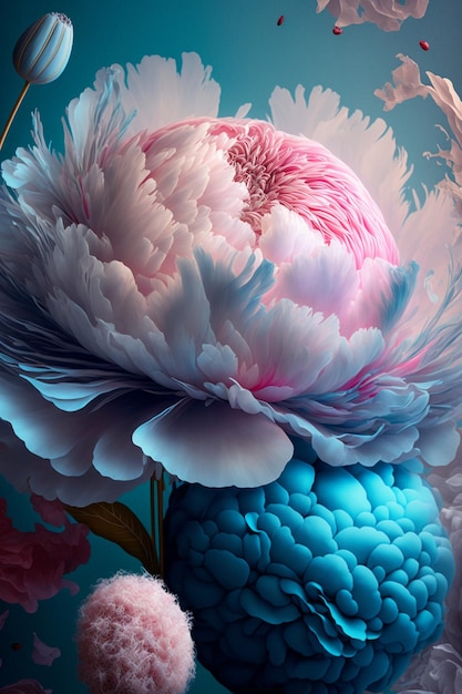 Blaue Vase gefüllt mit generativen Blumen in Rosa und Weiß
