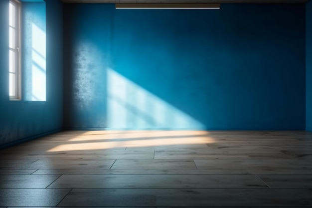 Blaue Wand in einem dunklen Raum mit Sonnenlicht