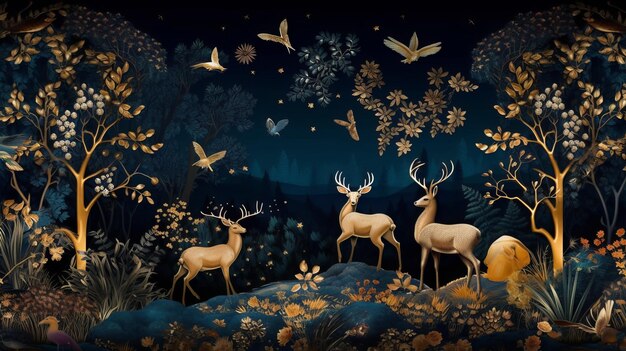 Blaue Wandtapete mit Hirschen und Vögeln in dunklen Farben, wunderschöne Nachtsterne